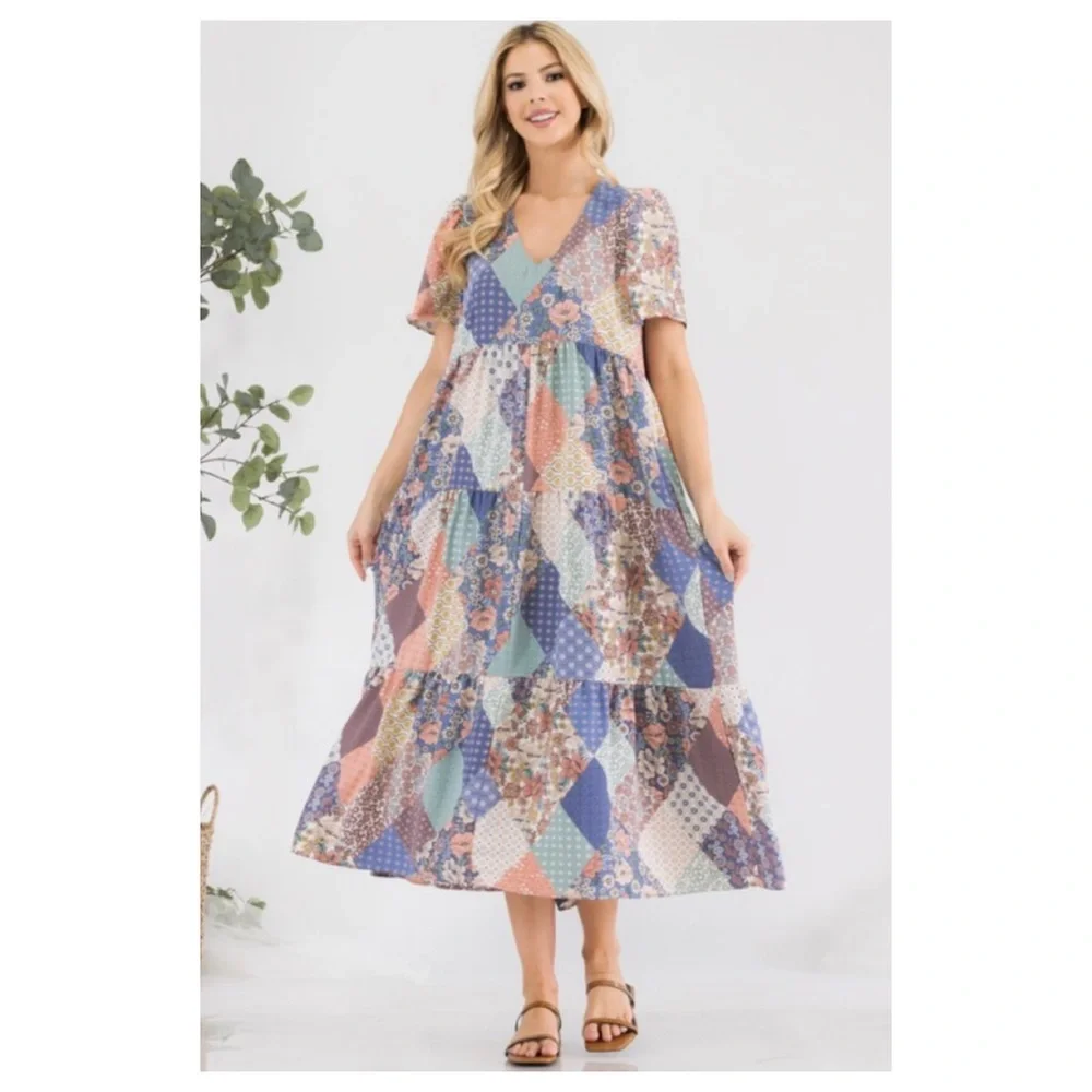 🆑Cute patchwork V neck dress - Picture 5 of 10